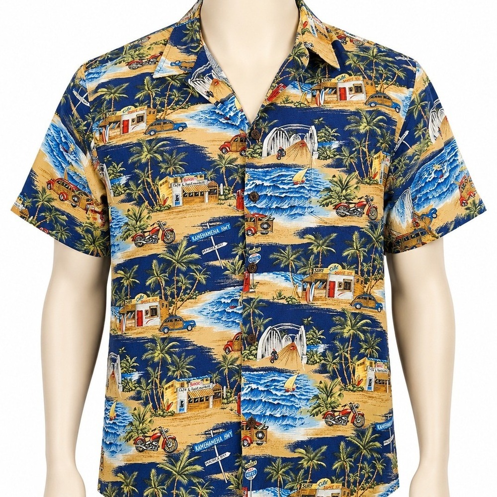 RJC Mens Hawaiian Shirt XL Blue Scenic‎ Surf Woody Wagon Motorcycle Made in USA